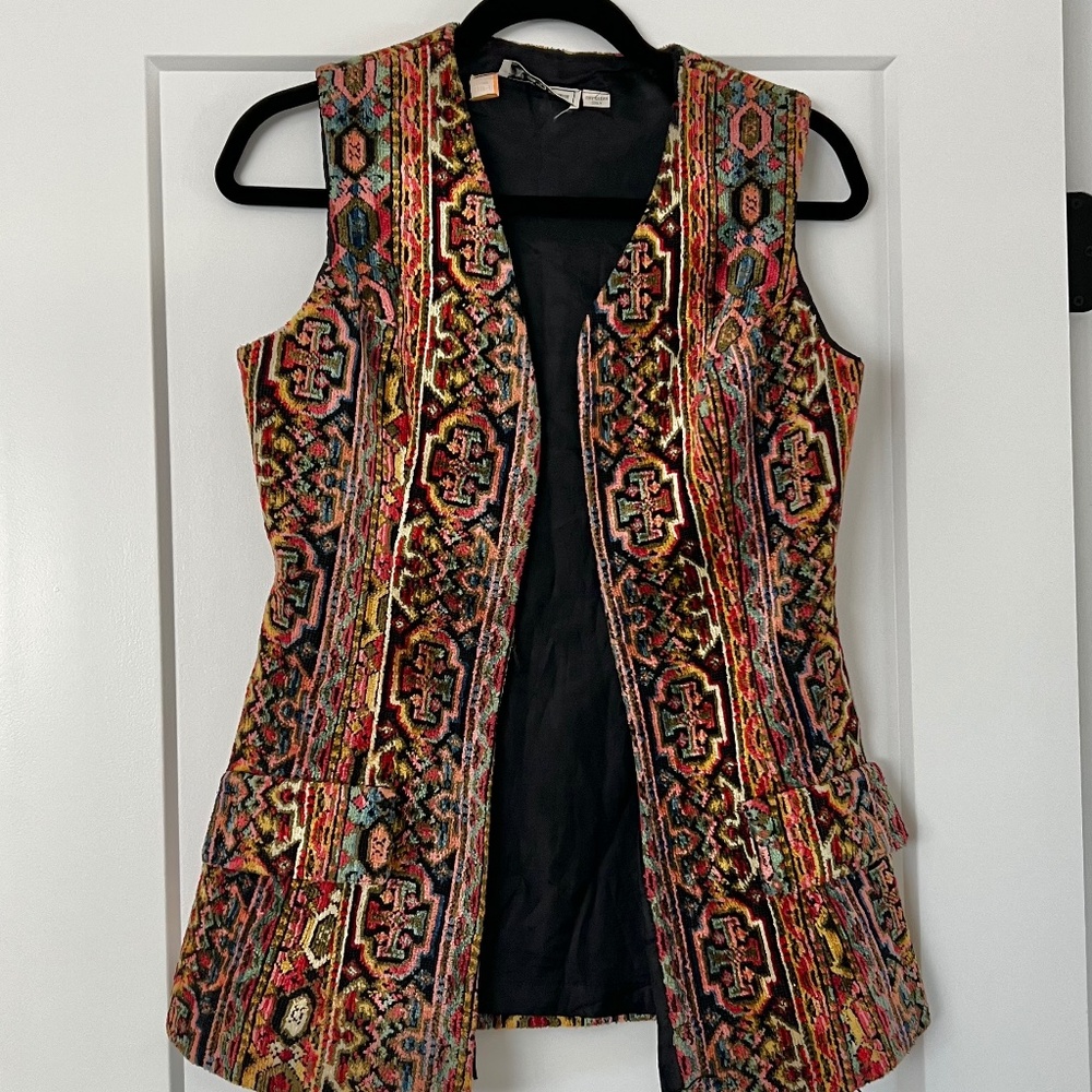 Ardee Vintage 70s Carpet Bagger Tapestry Open Front Long Lined Vest